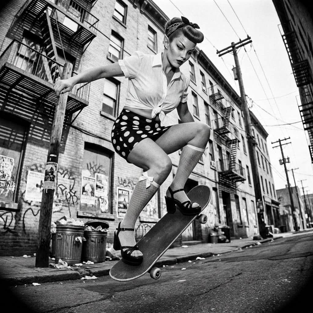AI generated: Dress the skate girl with the outfit of the other girl provided, don't change the facem hairstyling,...