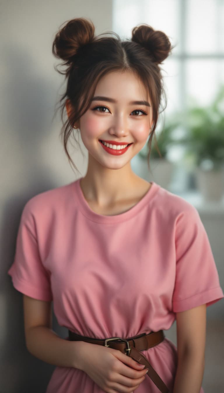AI generated: A young woman with two buns hairstyle, wearing pink short sleeves and smiling happily while holding ...