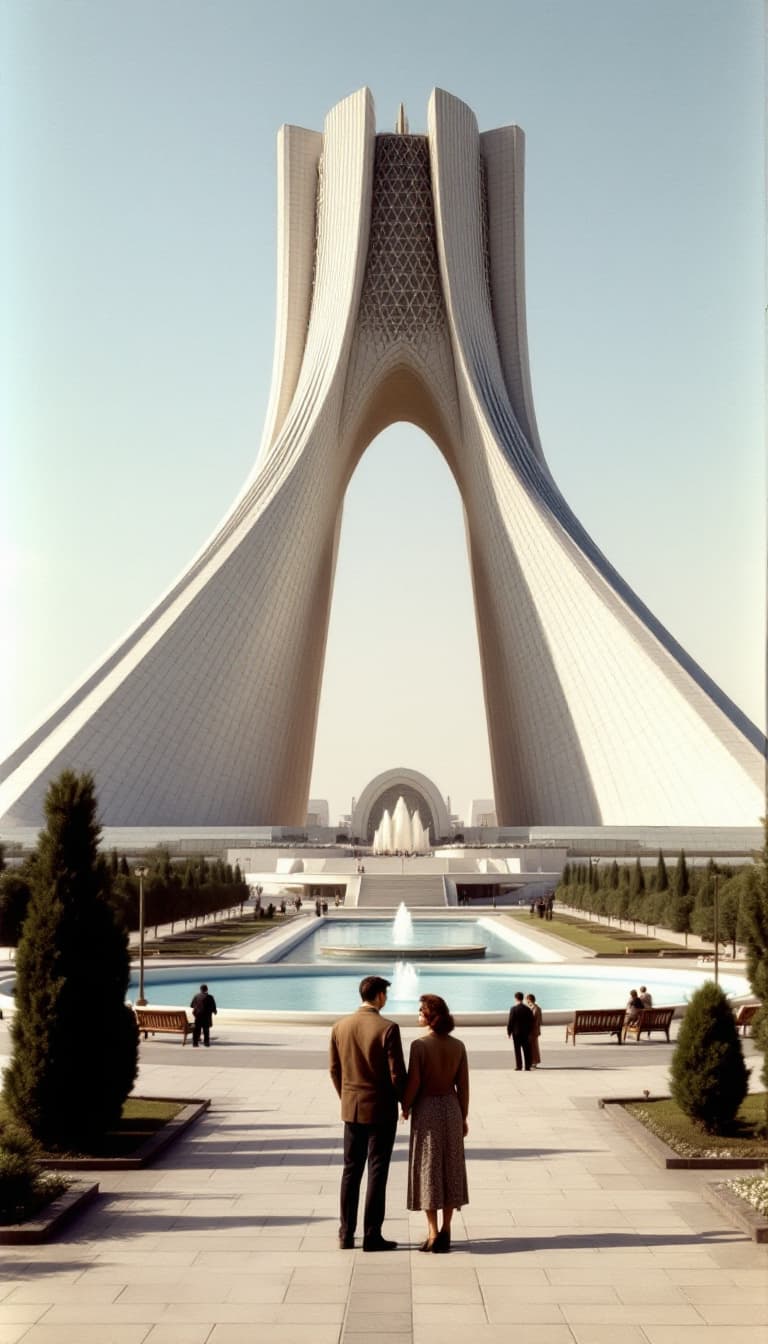 AI generated: A young couple from the 1950s stands in Tehran’s iconic **Azadi Square (formerly Shahyad Square)**, ...