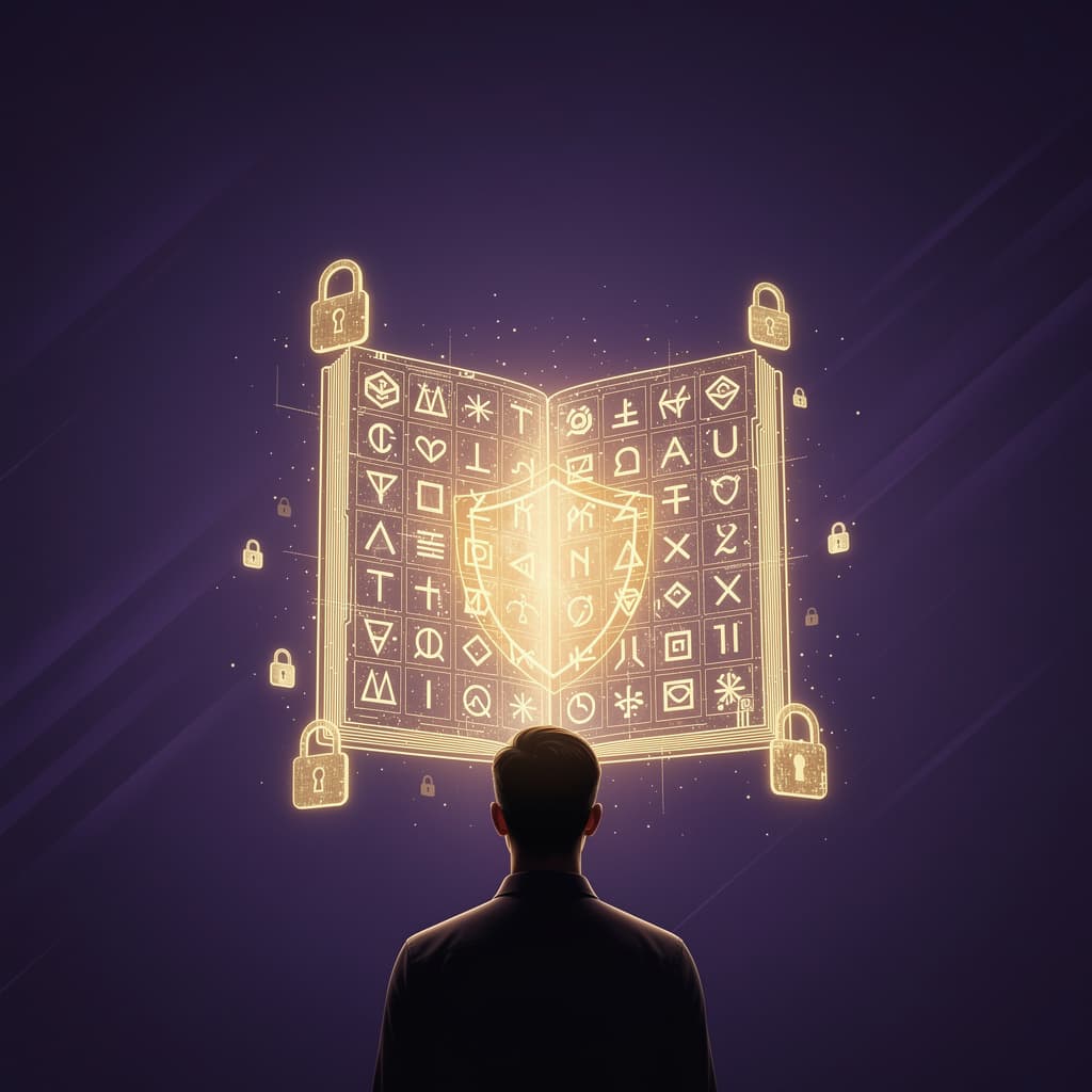AI generated: figure seen from behind looking at floating holographic shield or book 
with glowing symbols arrange...