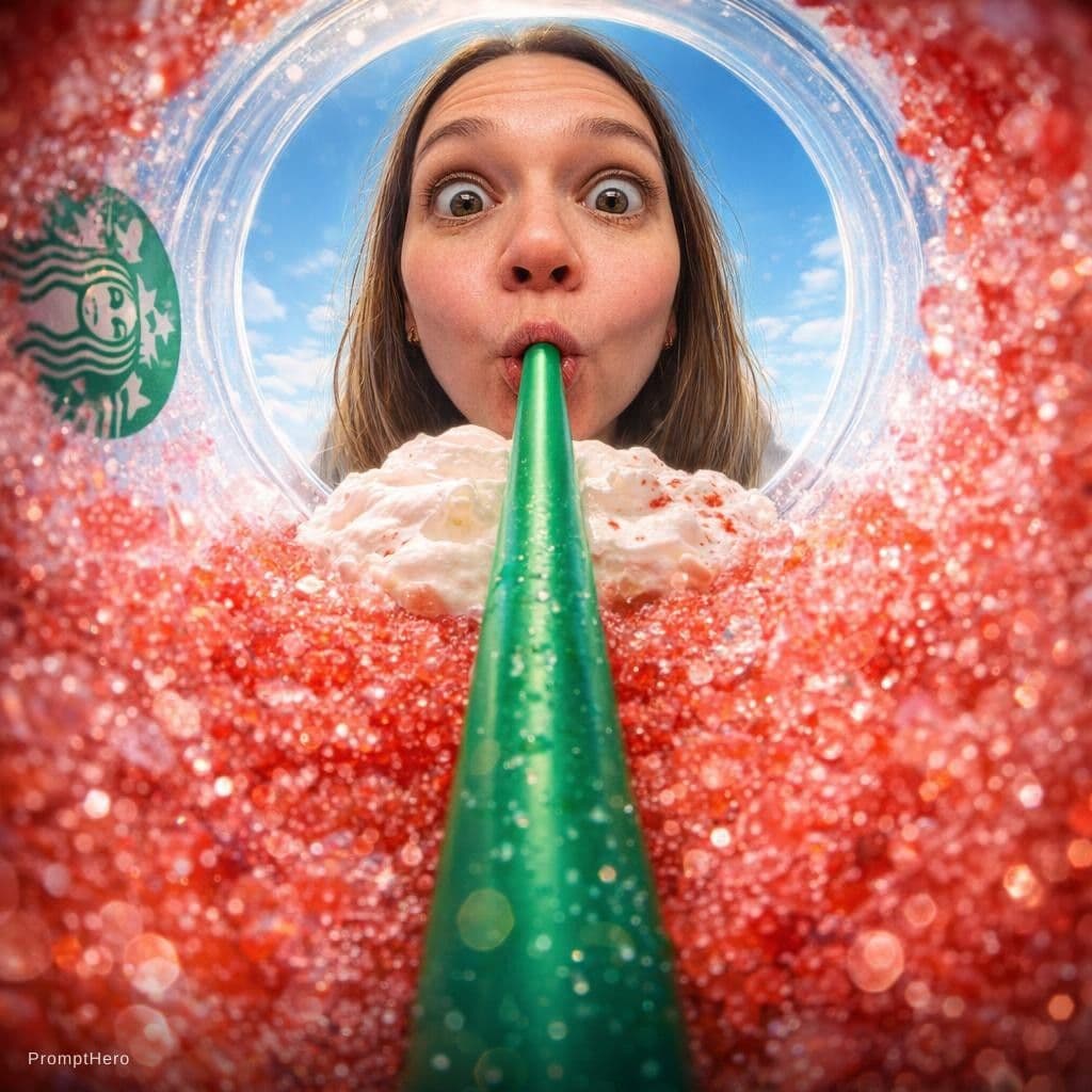 AI generated: {
  "prompt": "View from inside a Starbucks strawberry frappuccino cup looking up, fisheye lens extr...