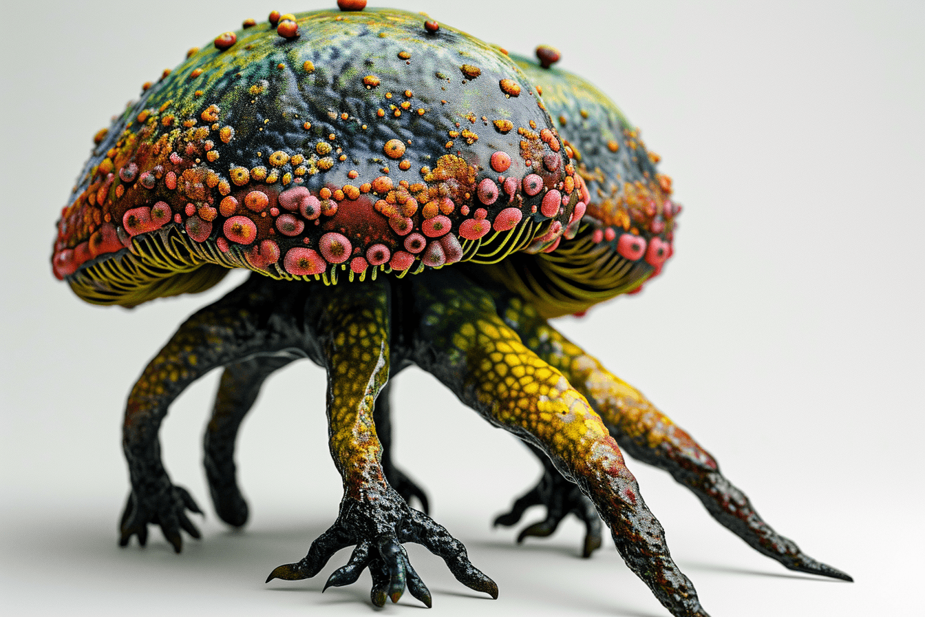 AI generated: Monster fungaii with legs, black, green, red and yellow in colors, very detailed, photo realistic --...