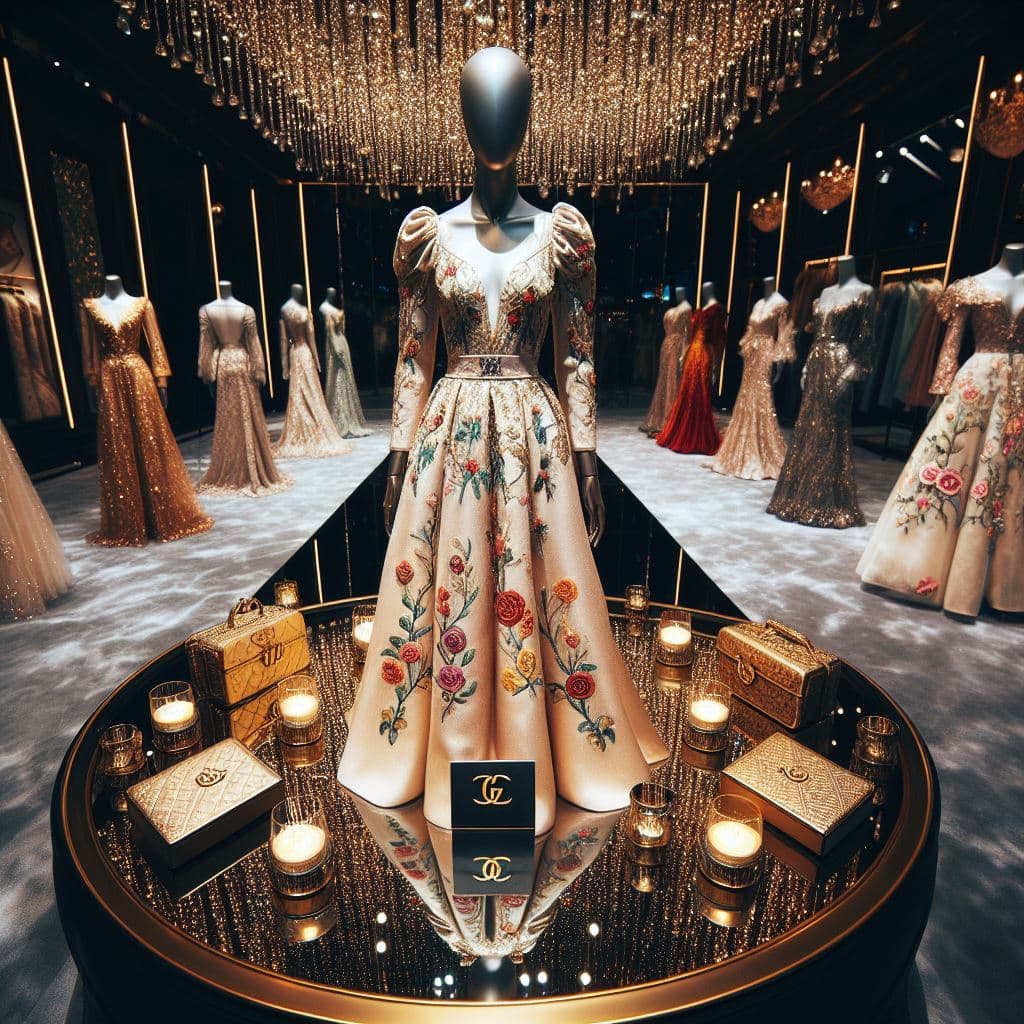AI generated: A night party elegant luxury dress design by Balenciaga, LV, and Gucci