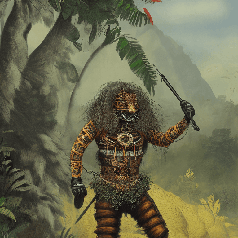 AI generated: jaguar warrior with a wooden mask of yellow, black and a hint of red, in a combat suit made of abund...