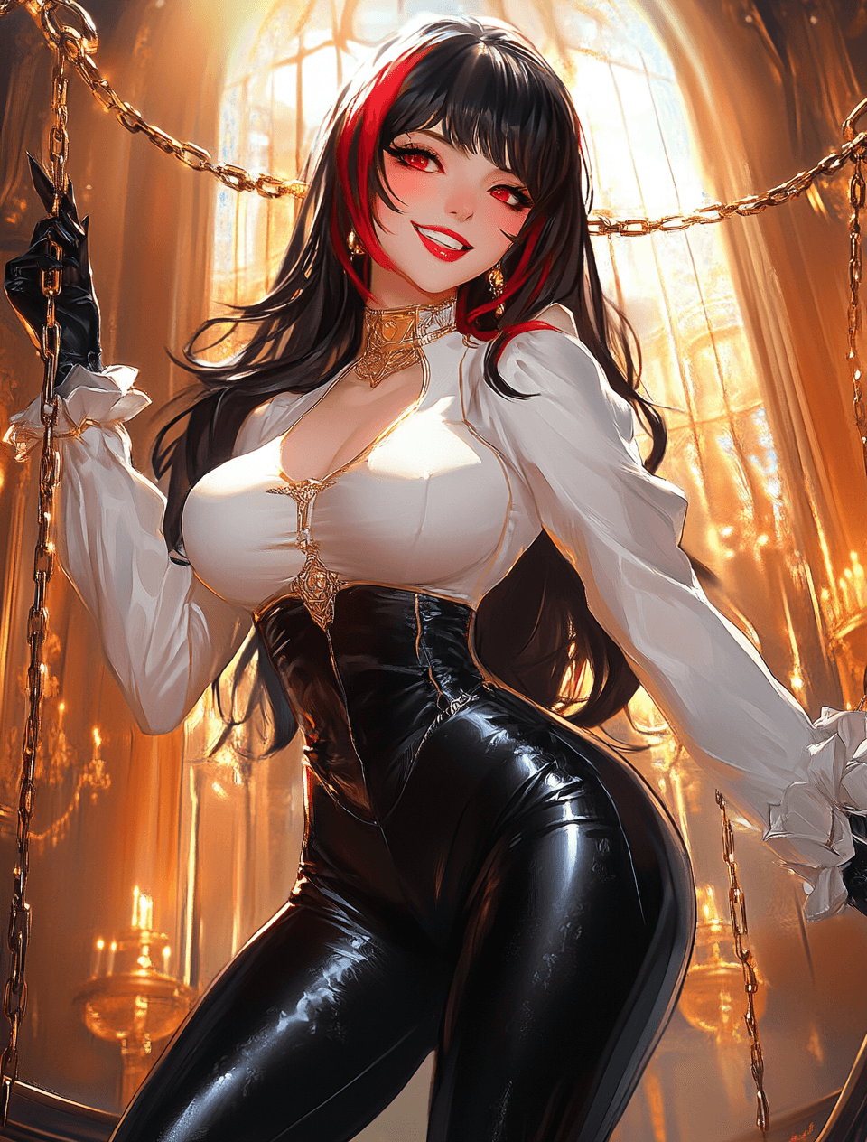 AI generated: Moe anime, fantasy art style, beautiful woman with long black hair and red bangs, wearing white blou...