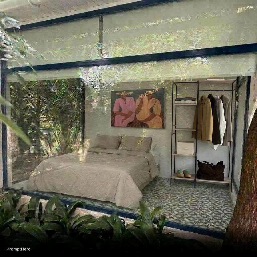AI generated: Add the shelf in the refernce image to the wall on the right side of the bed. Add it flat on to the ...