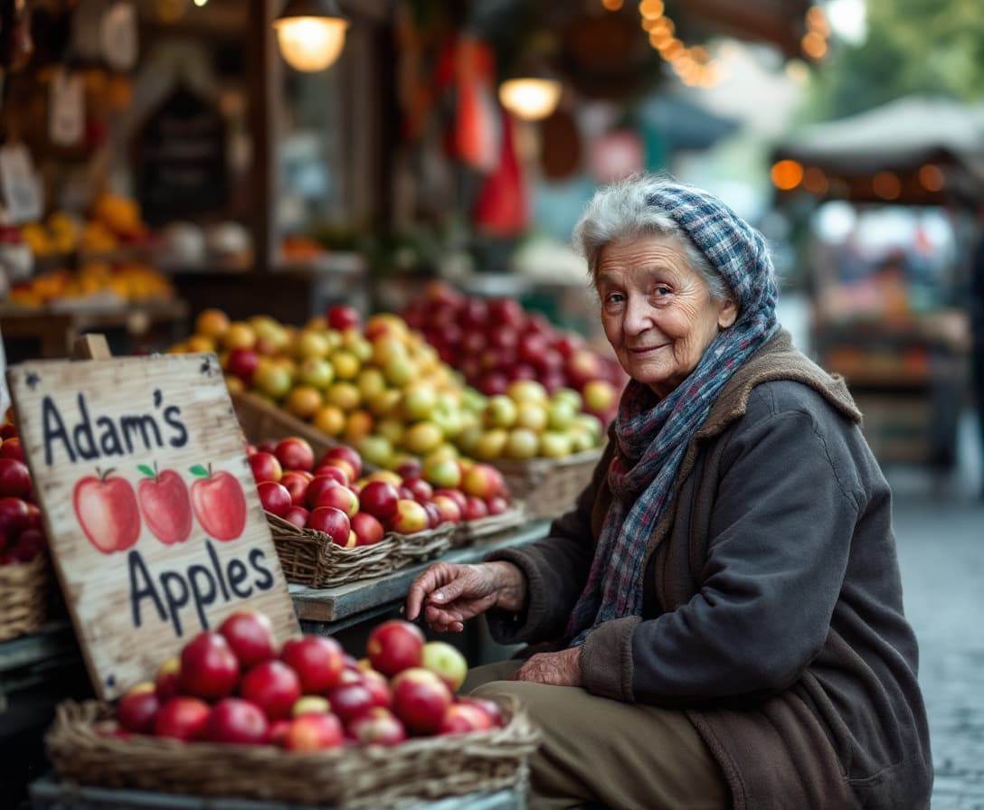 AI generated: Image of an old woman sitting at the market and selling apples. There is a sign nearby with title 'A...