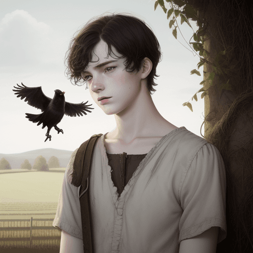 AI generated: High resolution, farm boy, young, pale skin, crow on shoulder, sad, short dark hair