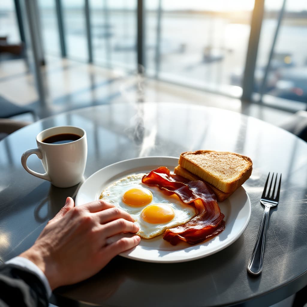 AI generated: First-person view, sleek metal table with a white plate holding a hearty breakfast of sunny-side-up ...