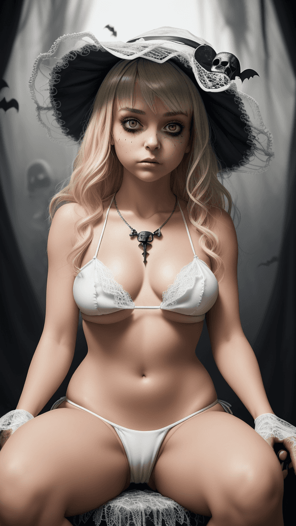 AI generated: a flawless girl dressed in a Halloween costume, adorned with an lace hat, is seated on a white platf...