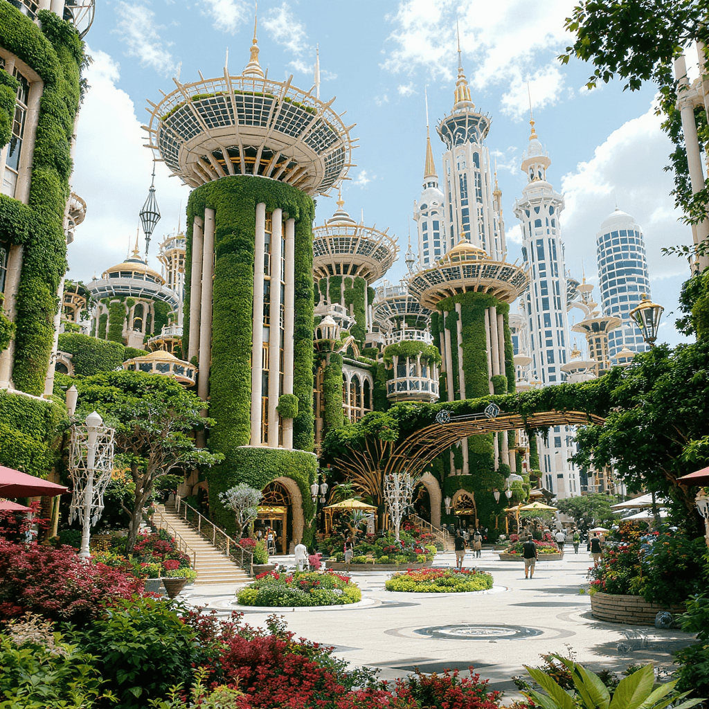 AI generated: “cyberpunk plaza with Afro-fururistic city themed with Kente print moss buildings with bio crystal s...