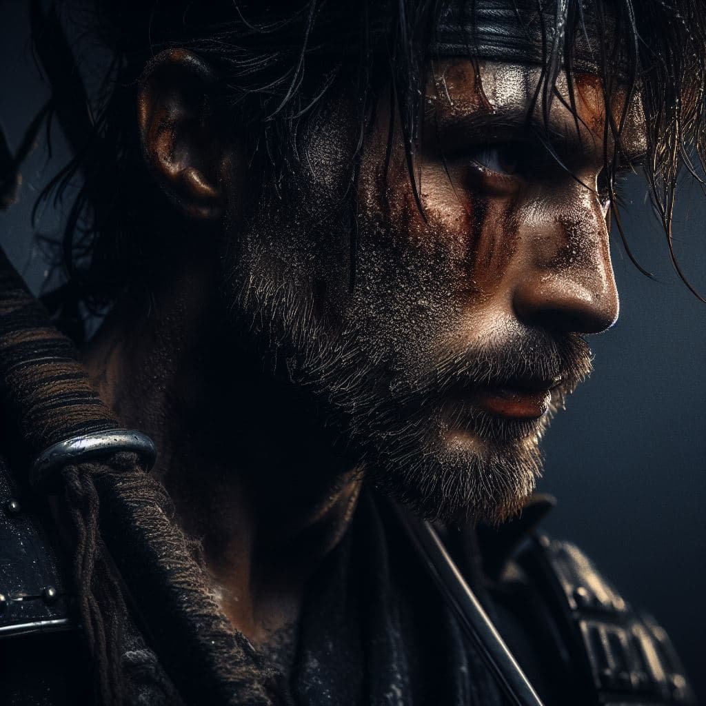 AI generated: Samurai looks at the enemy, stands after the battle, fear and horror on his face, tired and beaten, ...