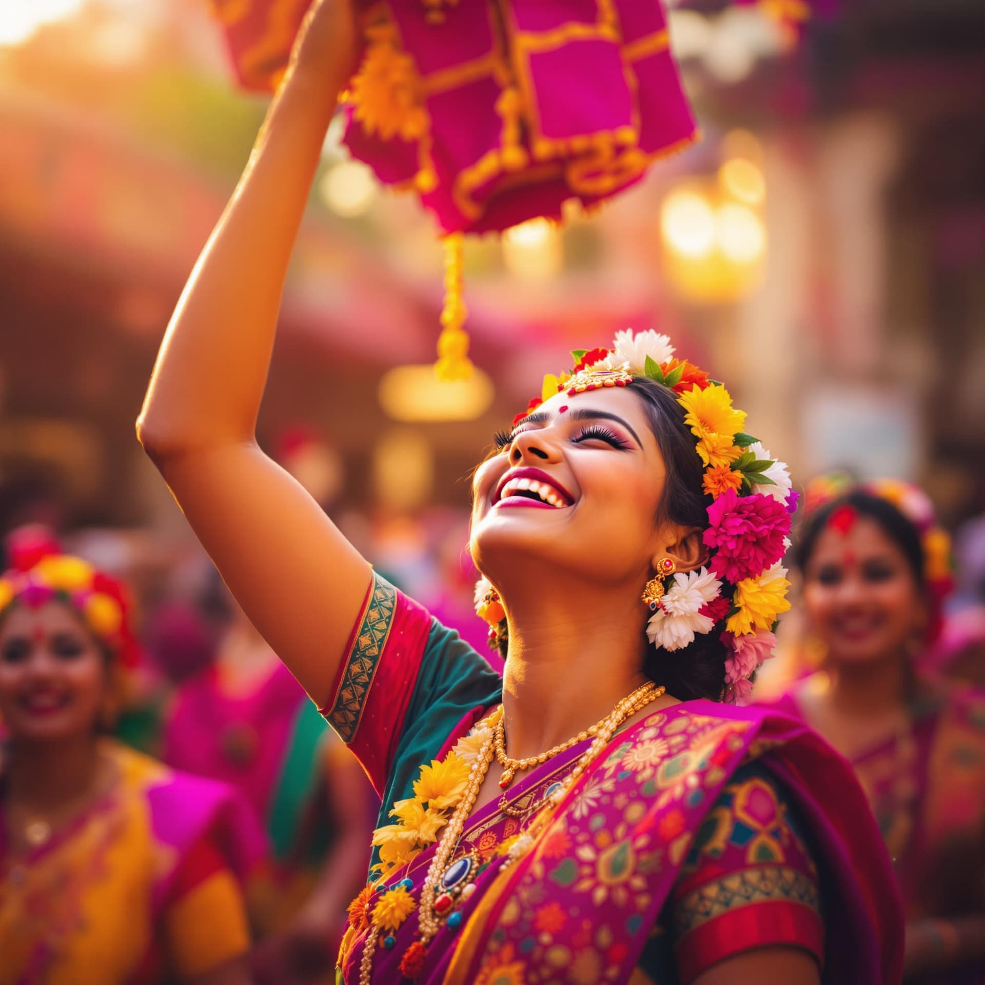 AI generated: The image captures a joyous moment, centered on a smiling Indian woman dressed vibrantly in traditio...