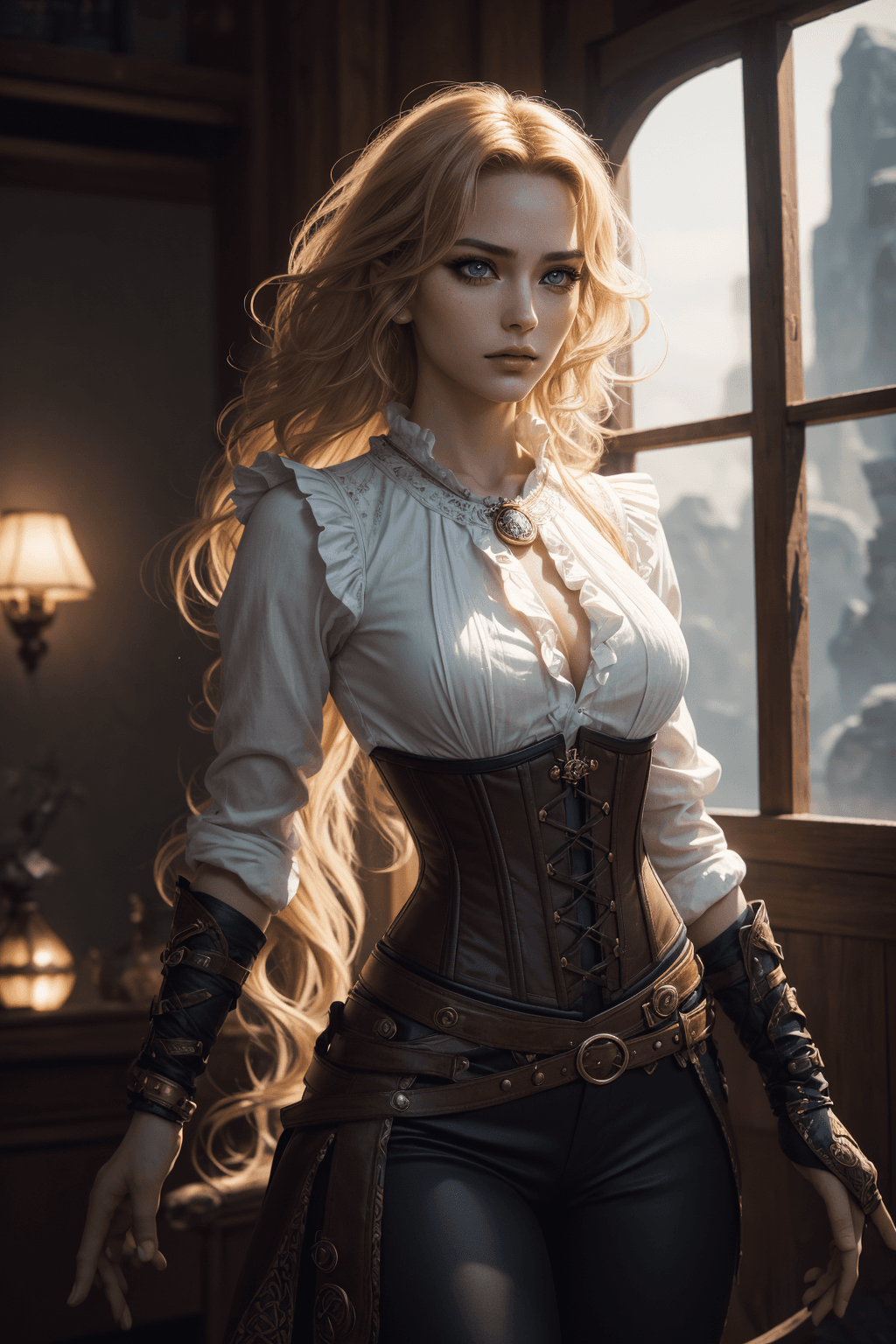 AI generated: swashbuckler, thief, adventuress, (1girl), Korean:1. 5, (Celtic:Romanian:0. 6),(hazel eyes):1.5, (br...