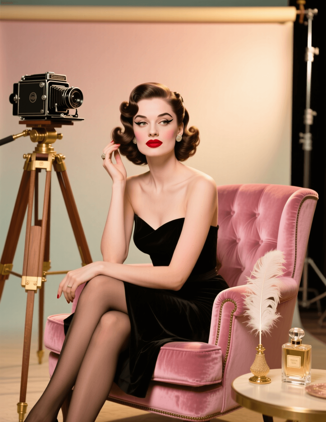 AI generated: A full-body portrait of a 1950s fashion model sitting gracefully on a plush pink velvet chair in a v...