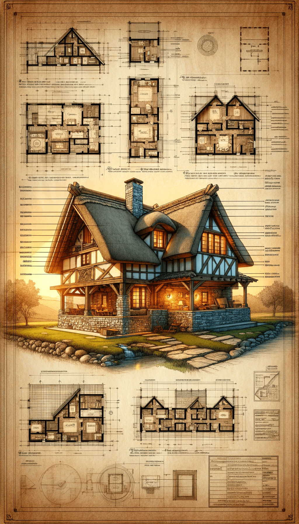 AI generated: A digital architectural blueprint of a cozy, rustic cottage house, with comprehensive labeled sectio...