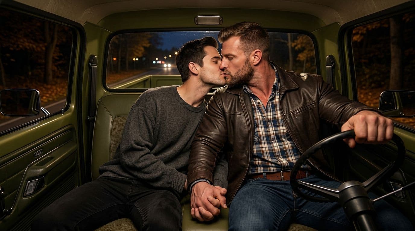 AI generated: The scene is from the front. In an Autumn night, the model is driving a vintage Ford olive green pic...