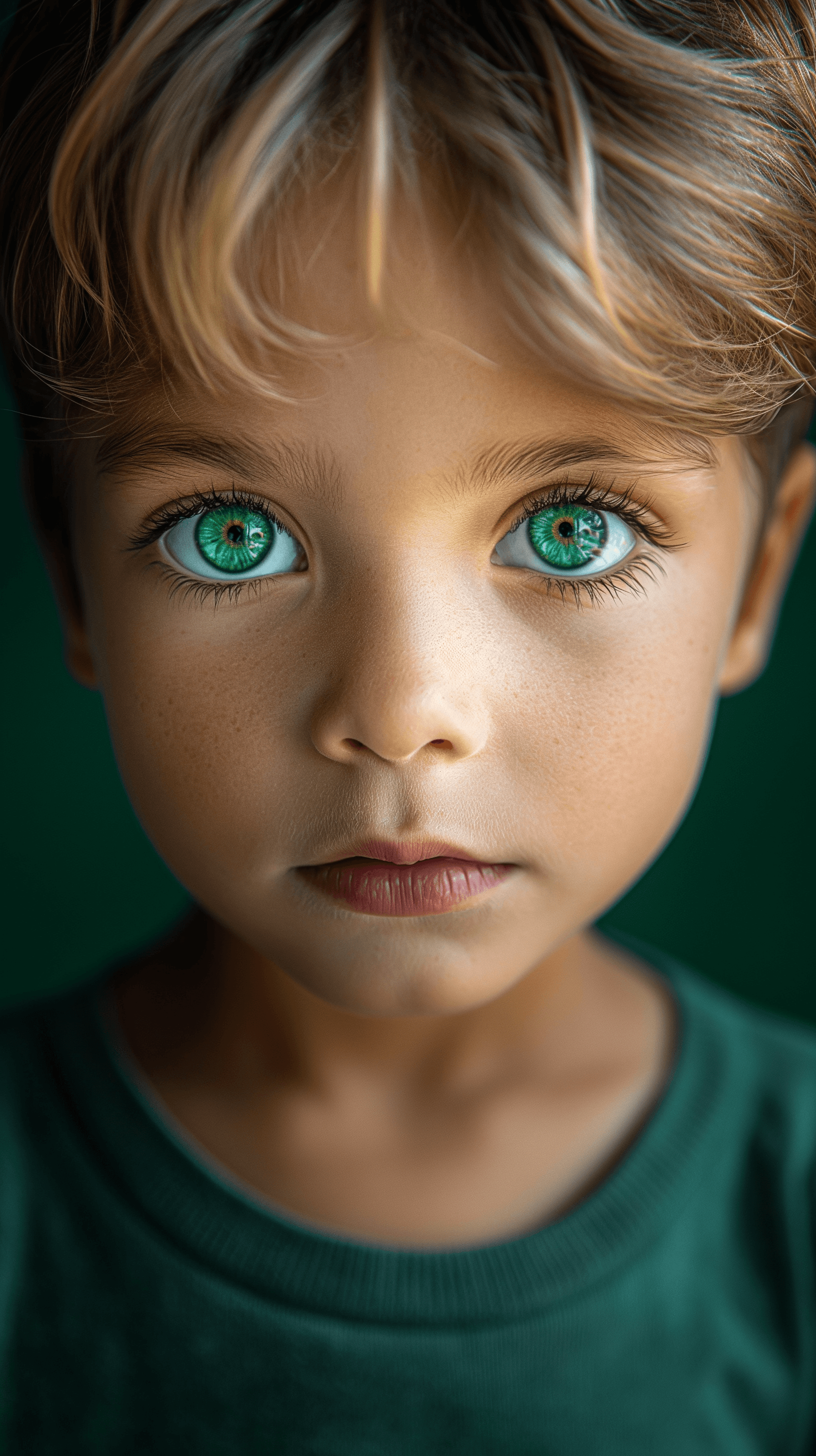 AI generated: photography, front shot, face close-up, 4years old boy model, gaze, background is solid green, captu...