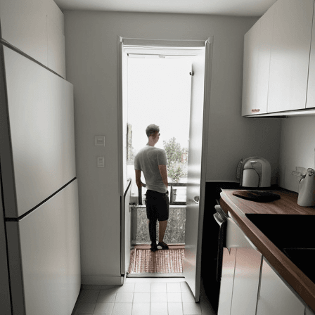 AI generated: looking 90 degrees,human eye infront of him view,kitchen with front perspective looking towards a si...