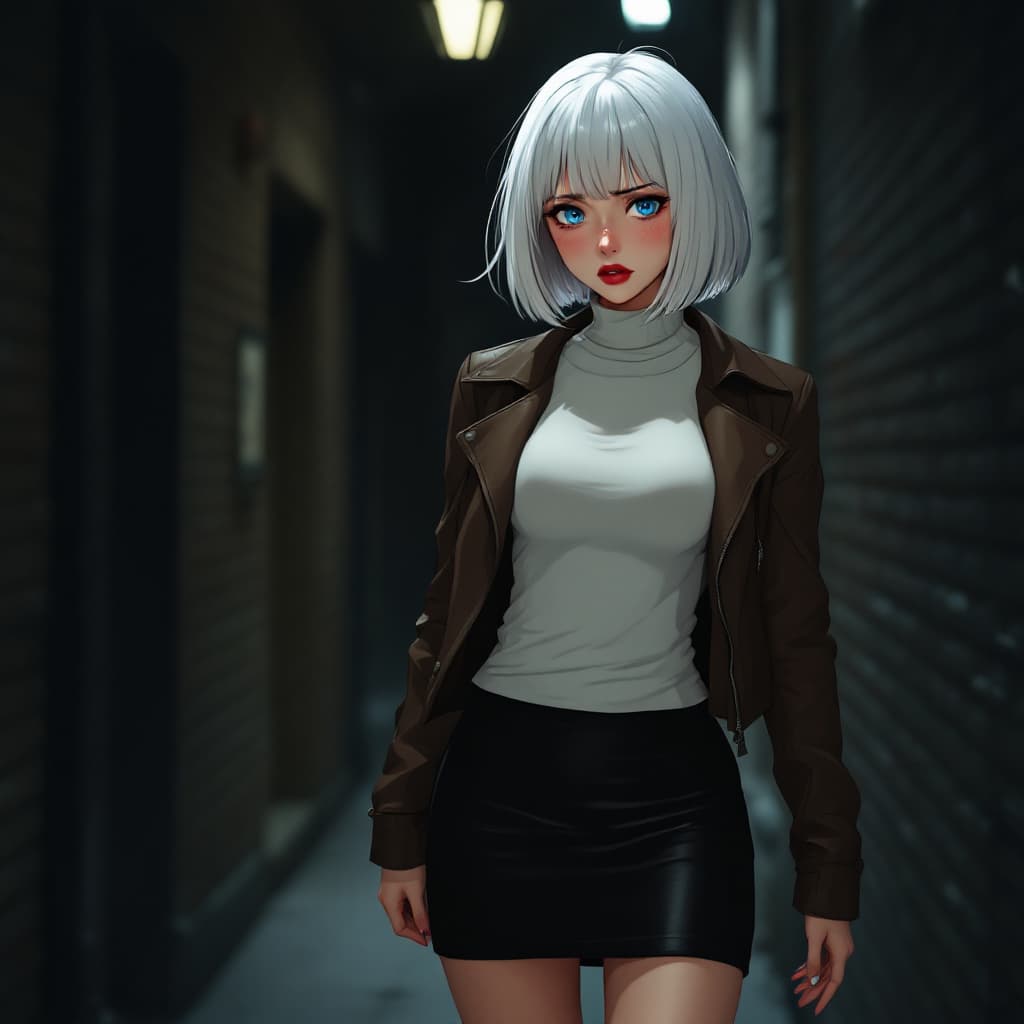 AI generated: anime, woman, white hair, bob cut, straight bangs, blue eyes, freckles, red lips, white sweater, tig...