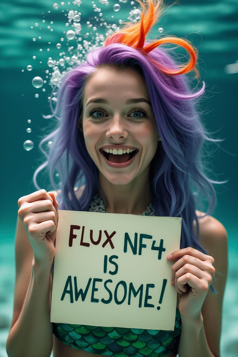 AI generated: Frontal portrait of a whimsical and colorful 30 year old woman resembling a mermaid or siren. She is...