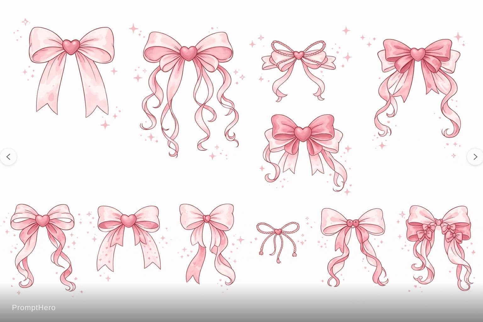 AI generated: Ultra-detailed coquette bow clipart set on pure white background, exactly 10 different elegant bows ...