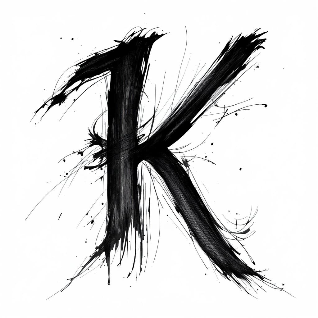 AI generated: Hand written letter k in the style of script, and flowing calligraphy, black colour 