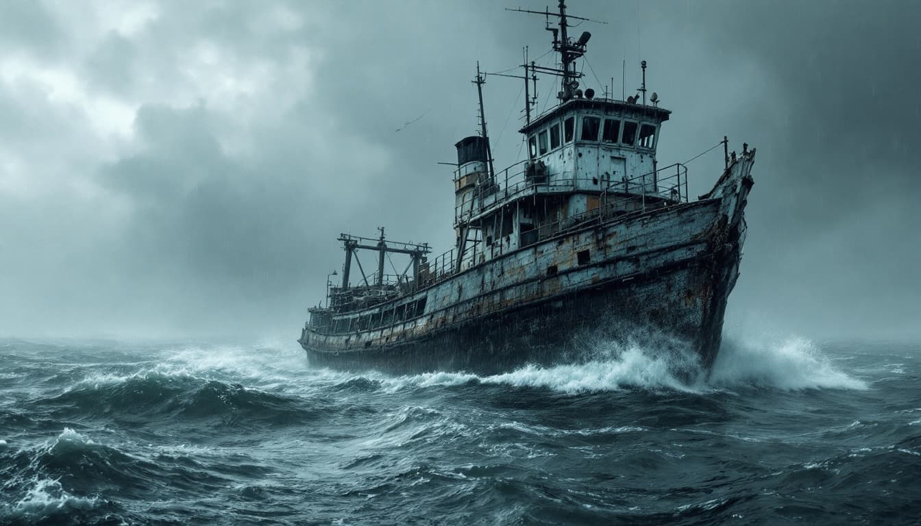 AI generated: A tattered old ferry boat on rough waters in the rain 