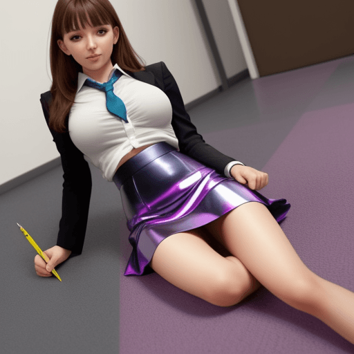AI generated:  tight skirt, shiny skirt, picking up a pen from the floor
