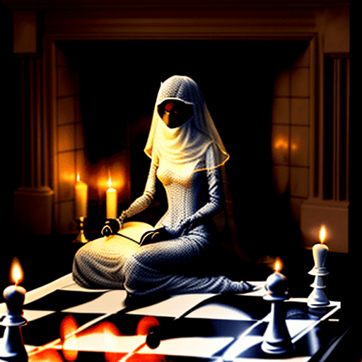 AI generated: Veiled woman, sitting at a chessboard studying the position, room, lid by candles, a fireplace, back...