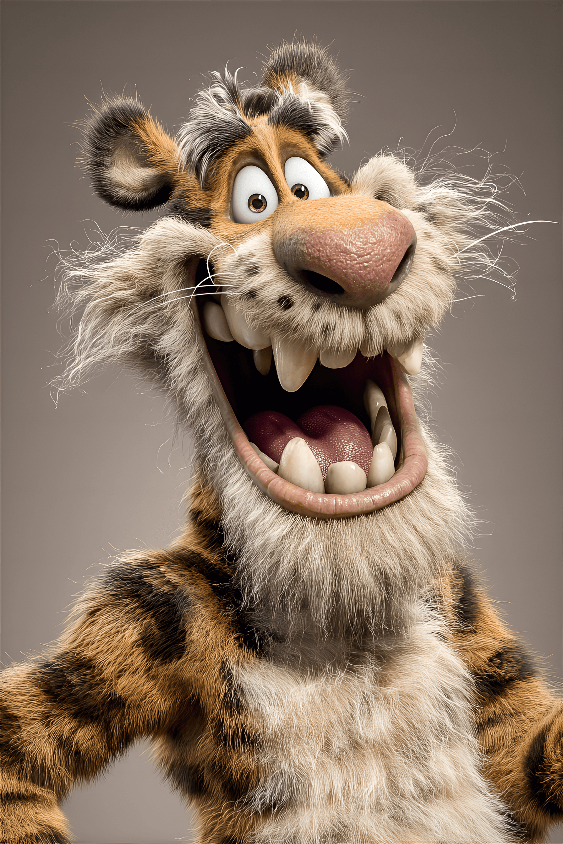 AI generated: funny caricature, comical tiger character, male, unspecified ethnicity, 35 years old, wild-eyed, too...