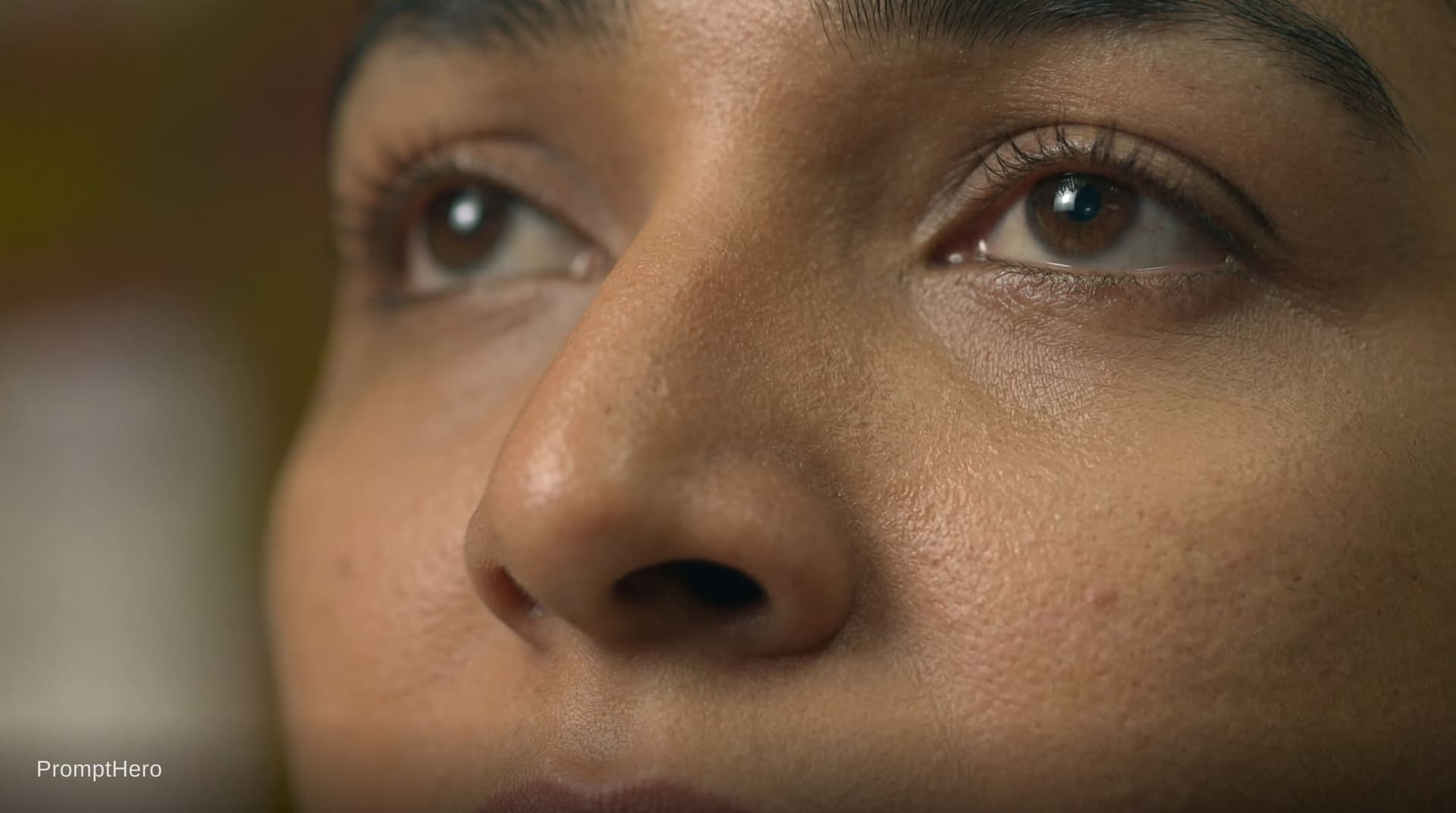 AI generated: Extreme close-up of a beautiful young woman’s face, focusing on her nose and eyes. Her nostrils slow...