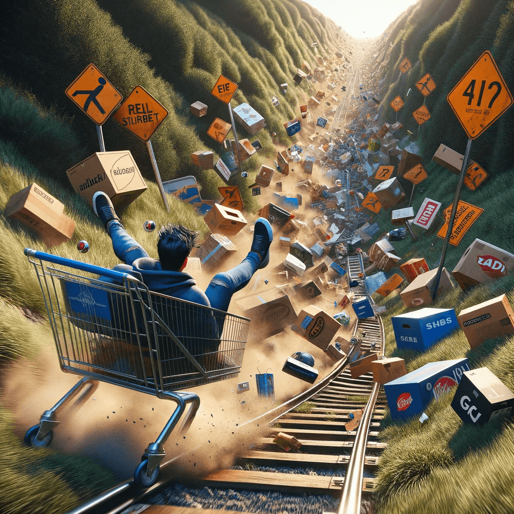 AI generated: Feel the pulse of your heart as you navigate a shopping cart through a labyrinth of destruction. The...