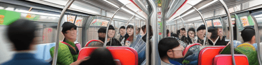 AI generated: Envision a scenario inside a Guangzhou metro train on line 3 during the Spring Festival. The train i...