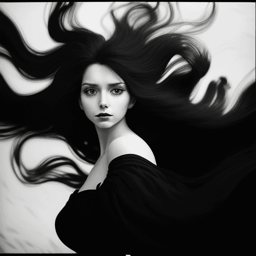 AI generated: a woman with long wild hair on a windy day, in the style of toy camera effects, haunting elegance, f...