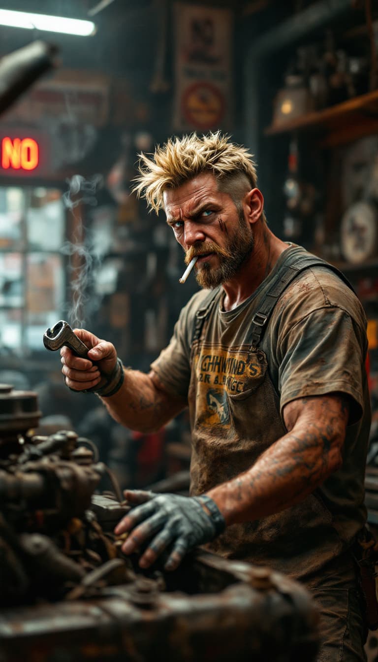 AI generated: A photo-realistic, grunge-lit photo of a American man inspired from Cid Highwind from Final Fantasy ...