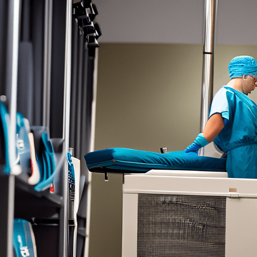 AI generated: A female surgeon in a blue surgical gown, white surgical and teal latex gloves in a dark operating r...