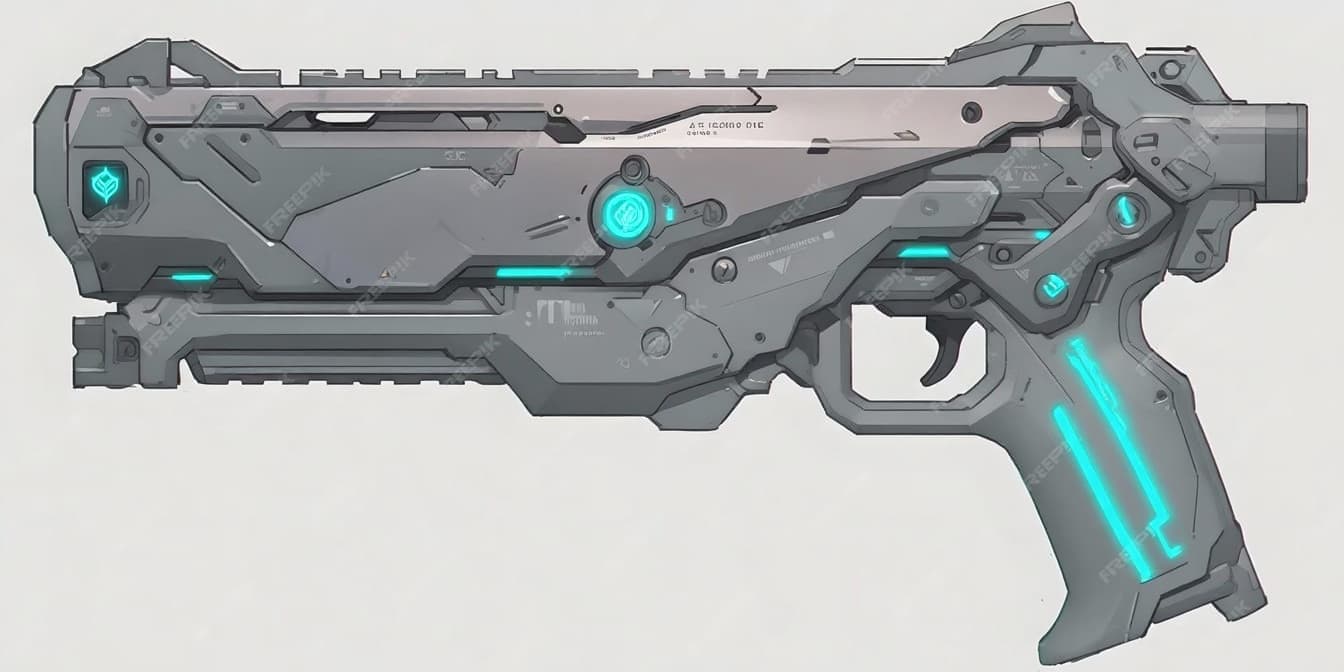 AI generated: Design a chunky, clearly fictional Wisp Pistol for Our’World: Long, bulky, broad muzzle, soft rubber...