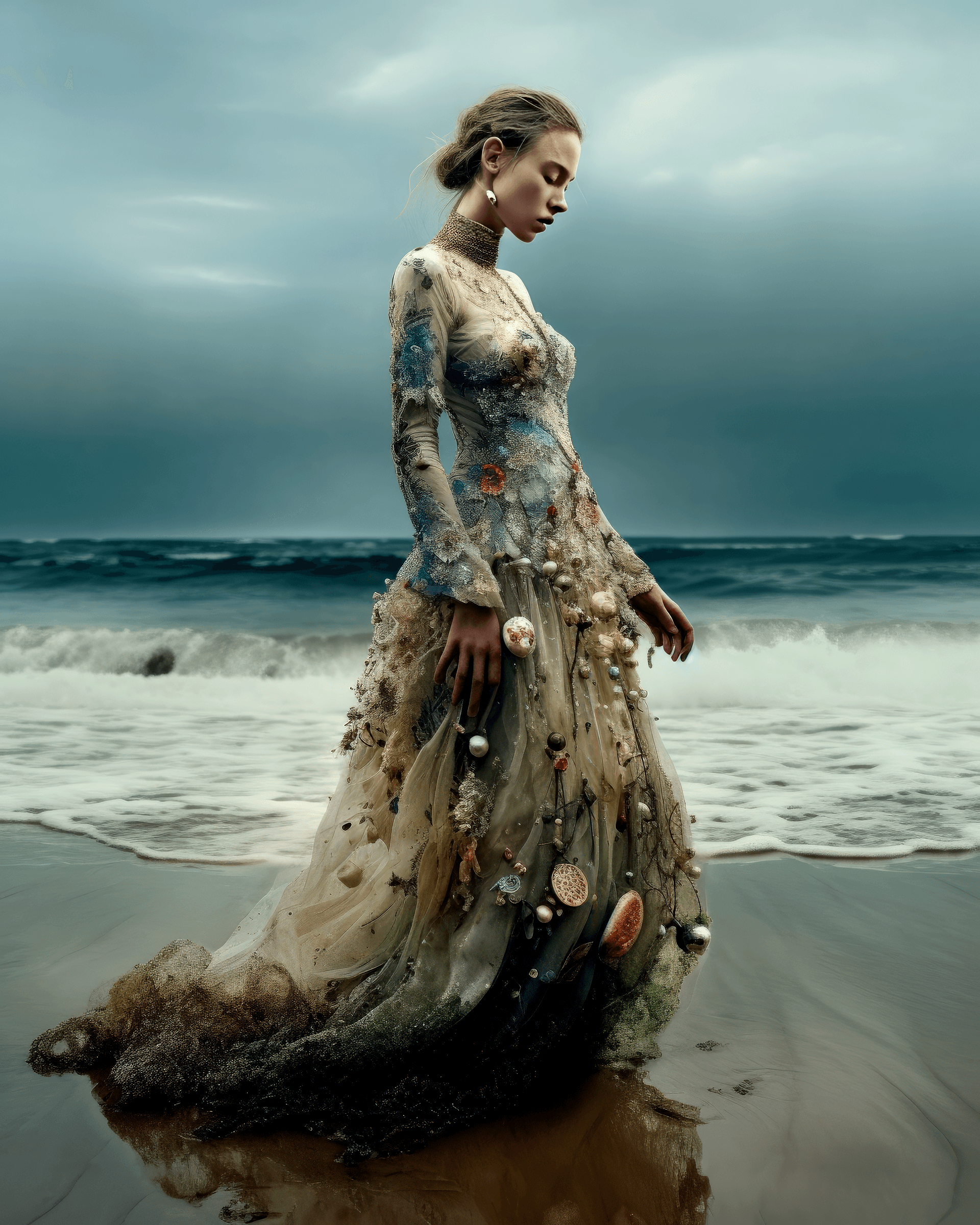 AI generated: a woman in a dress on the beach with water behind her, in the style of alexander mcqueen, multi-laye...