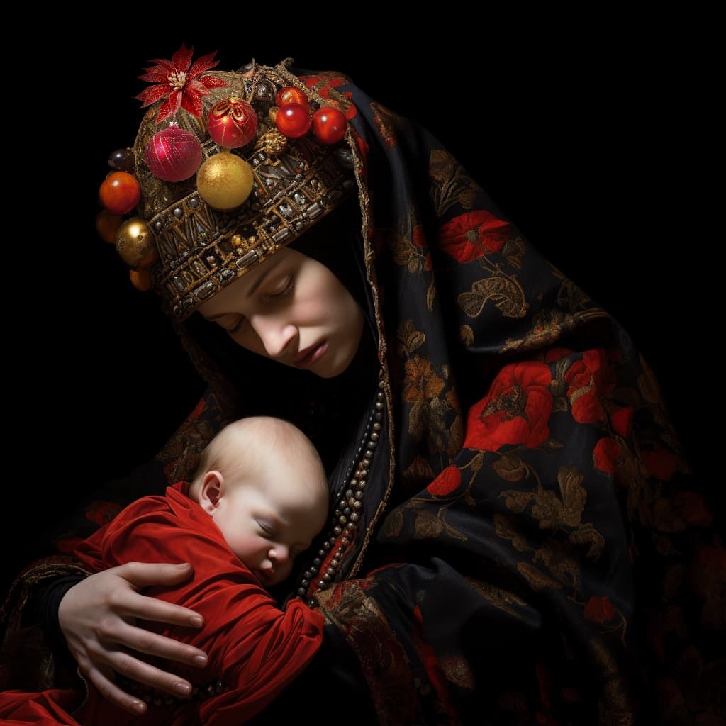 AI generated: an artist presents a painting of men, madonna and child, hyperrealistic compositions, red and gold, ...