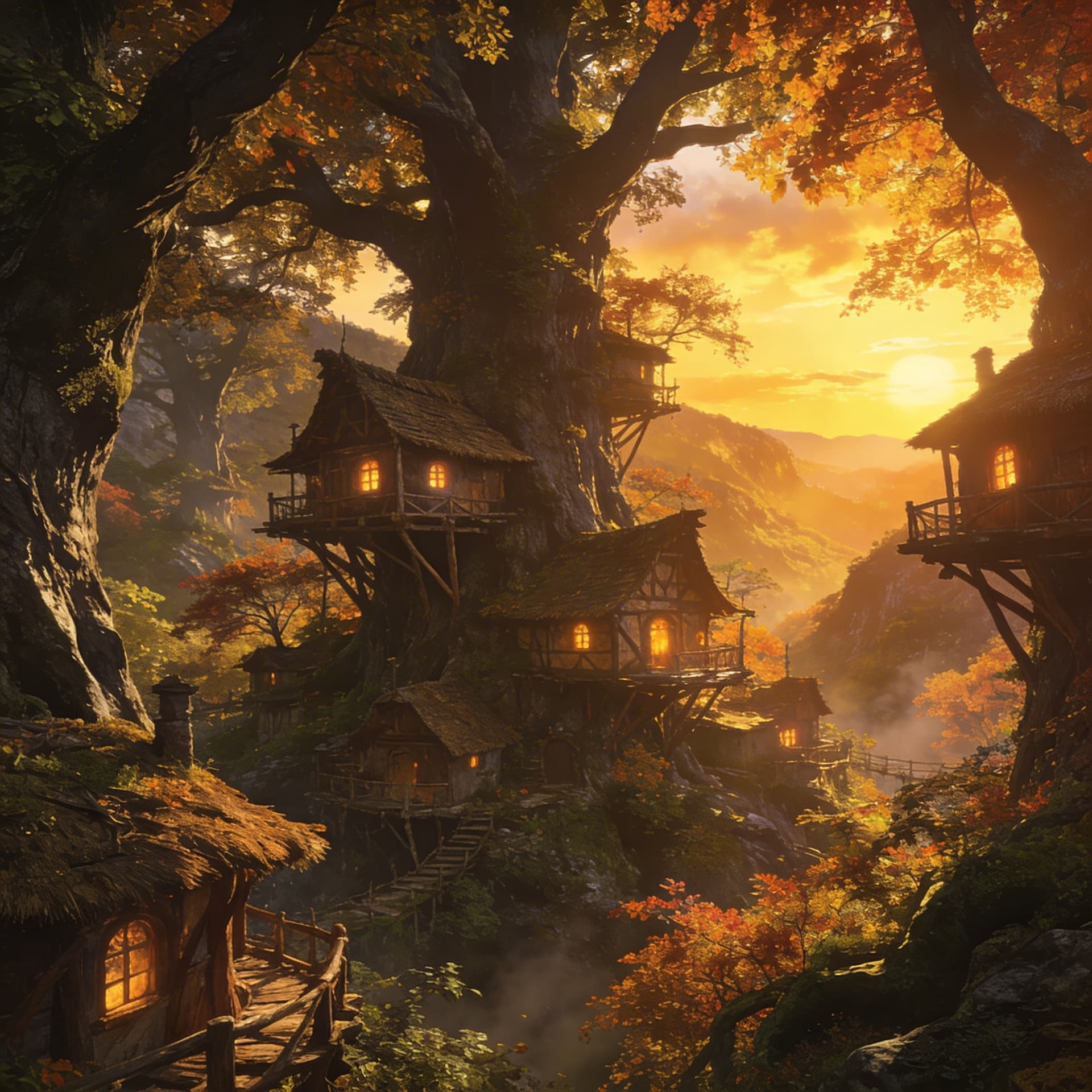 AI generated: valley, fairytale treehouse village covered,, matte painting, highly detailed, dynamic lighting, cin...