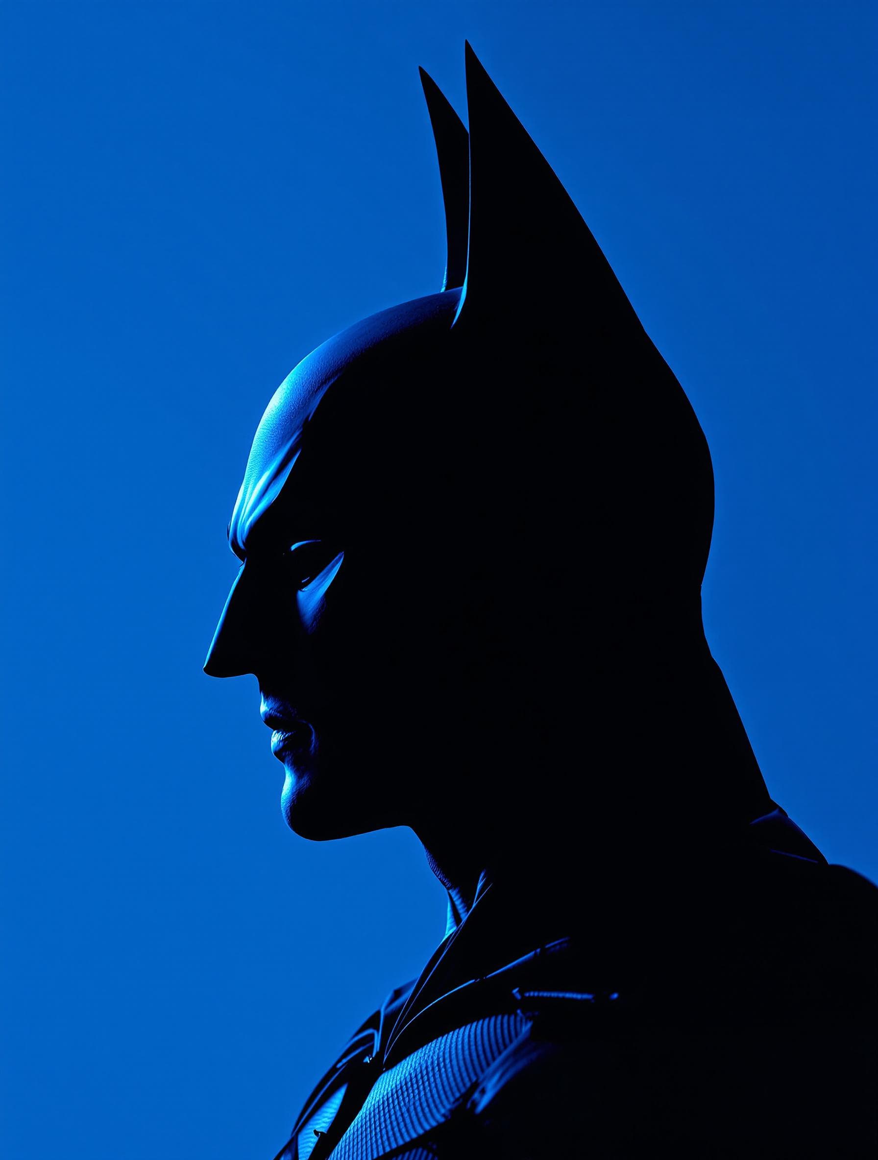 AI generated: photography, front, gaze, portrait, contrast, profile silhouette of a batman against a vibrant deep ...