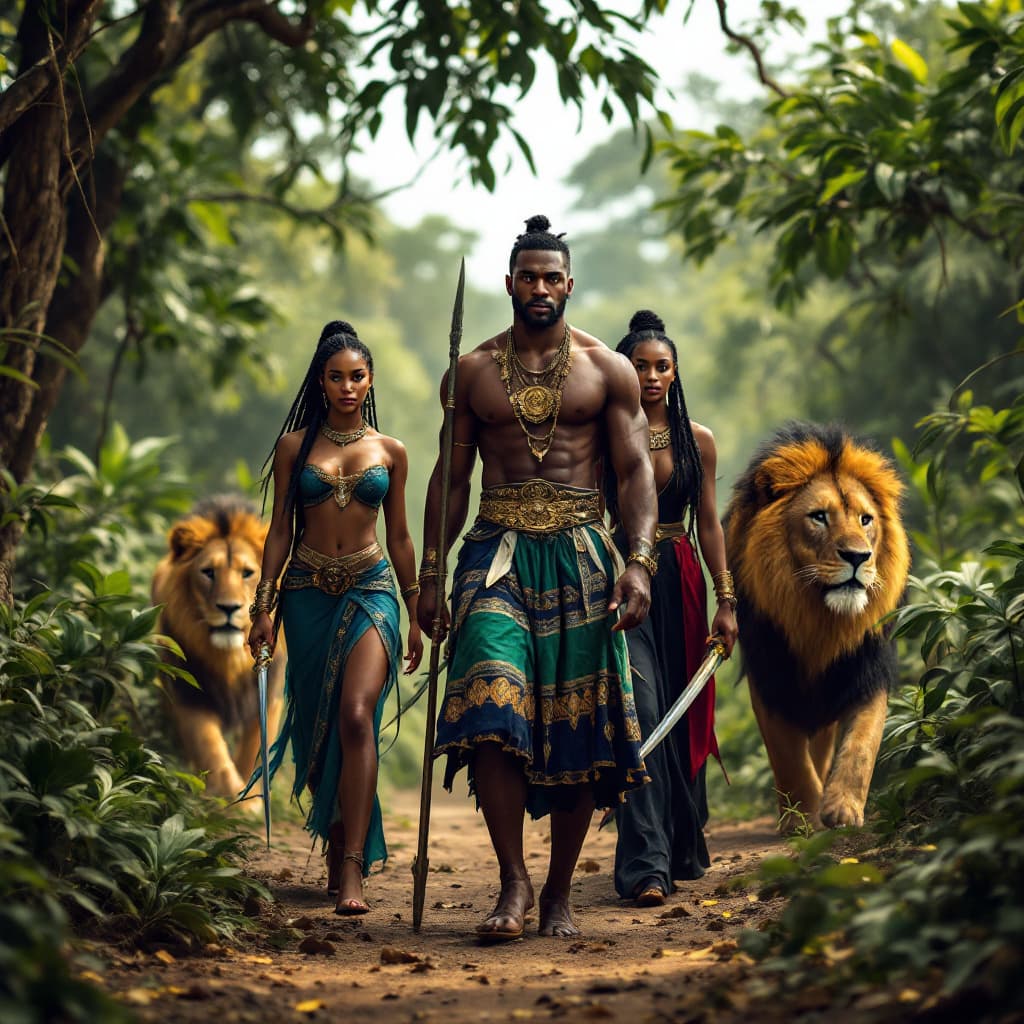 AI generated: 
a black man in a green , white and blue  skirt and gold belt holding a spear standing in the middle...