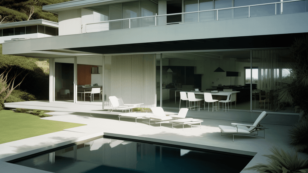 AI generated: Hyper realistic eye level exterior photo of a mid century modern style house overlooking the ocean, ...