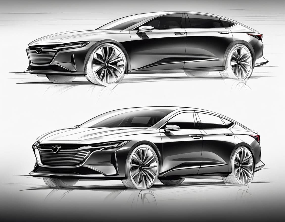 AI generated: A concept sketch of a sporty 4-door sedan, ink drawing style, sleek design, dynamic lines, showcasin...
