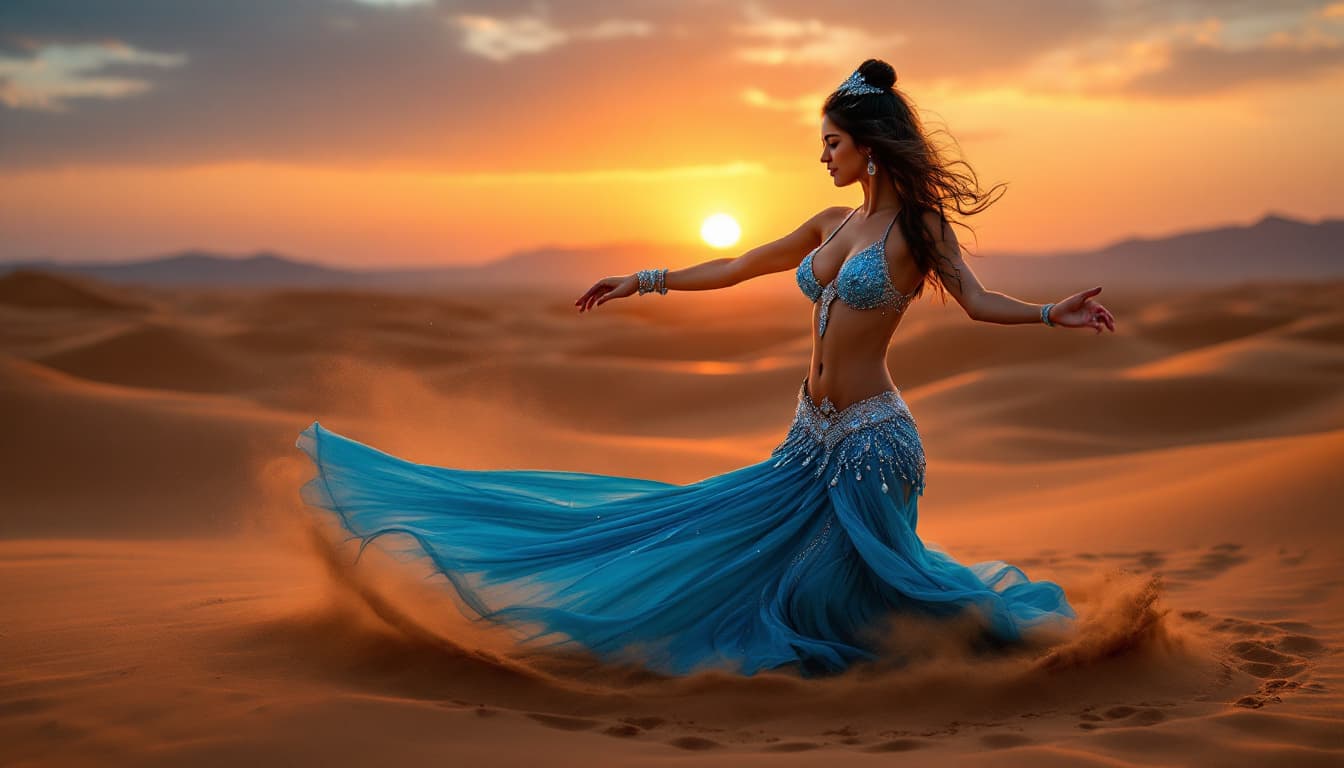 AI generated: "A belly dancer girl performing in the Thar Desert at twilight, surrounded by golden sand dunes and ...
