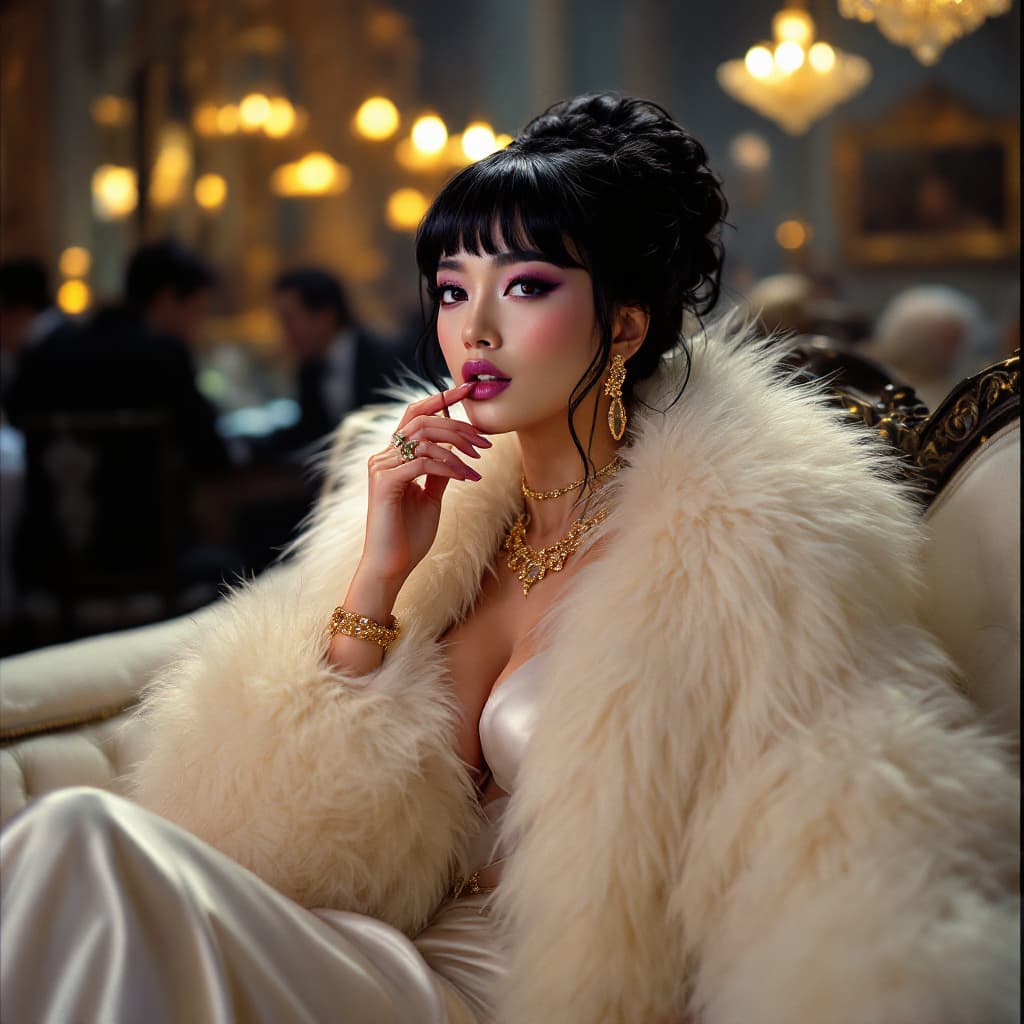 AI generated: full body, cinematic long shot,1990s, alluring frisky Asian superstar in white furs and opulent sati...