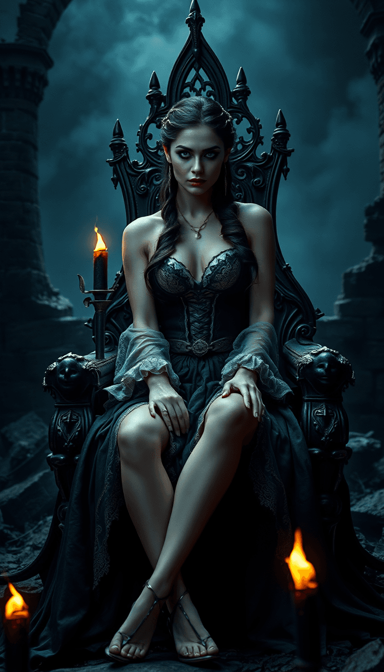 AI generated: A sultry Queen of the Underworld sits atop a ruined medieval throne, surrounded by the remnants of a...