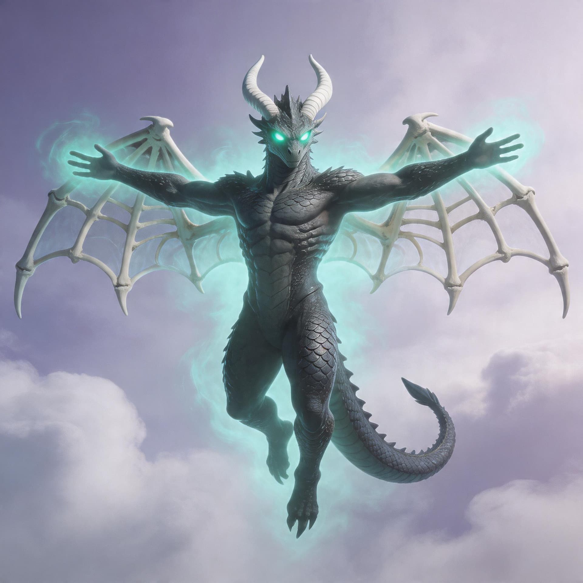 AI generated: create a humanoid Dragon with bone wings and glowing teal eyes and white horns with a dragon tail fl...