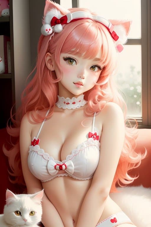 AI generated: hello kitty as a human, sfw, white fluffy hair, red hair bows, cats hello kitty, cute, anime